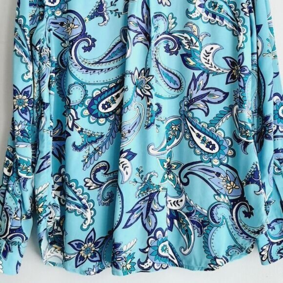 TALBOTS | Floral Paisley Utility Sleeve Buton Down Shirt Blue Sz L P - Picture 8 of 12